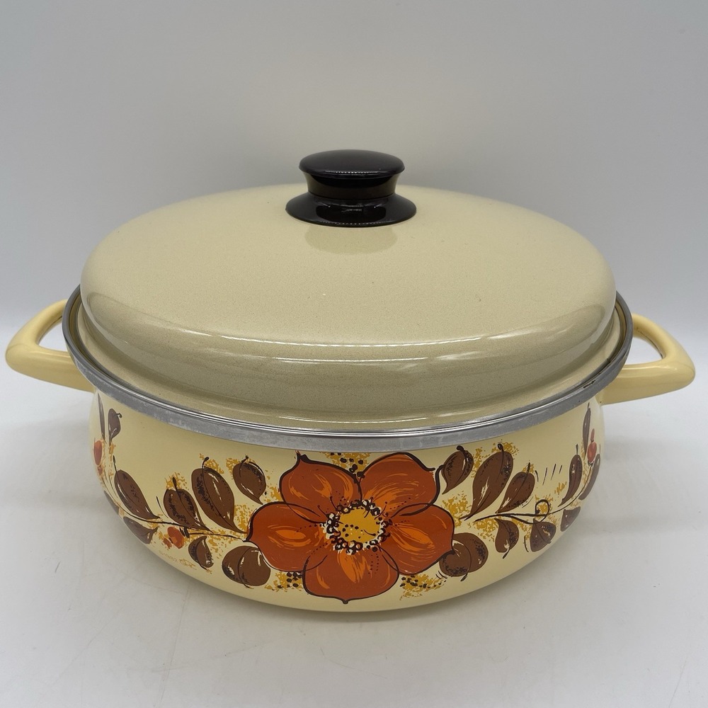 Vintage 1982 GHC Sears Yellow Enamelware Dutch Oven Stockpot Poppy Floral‎ Retro